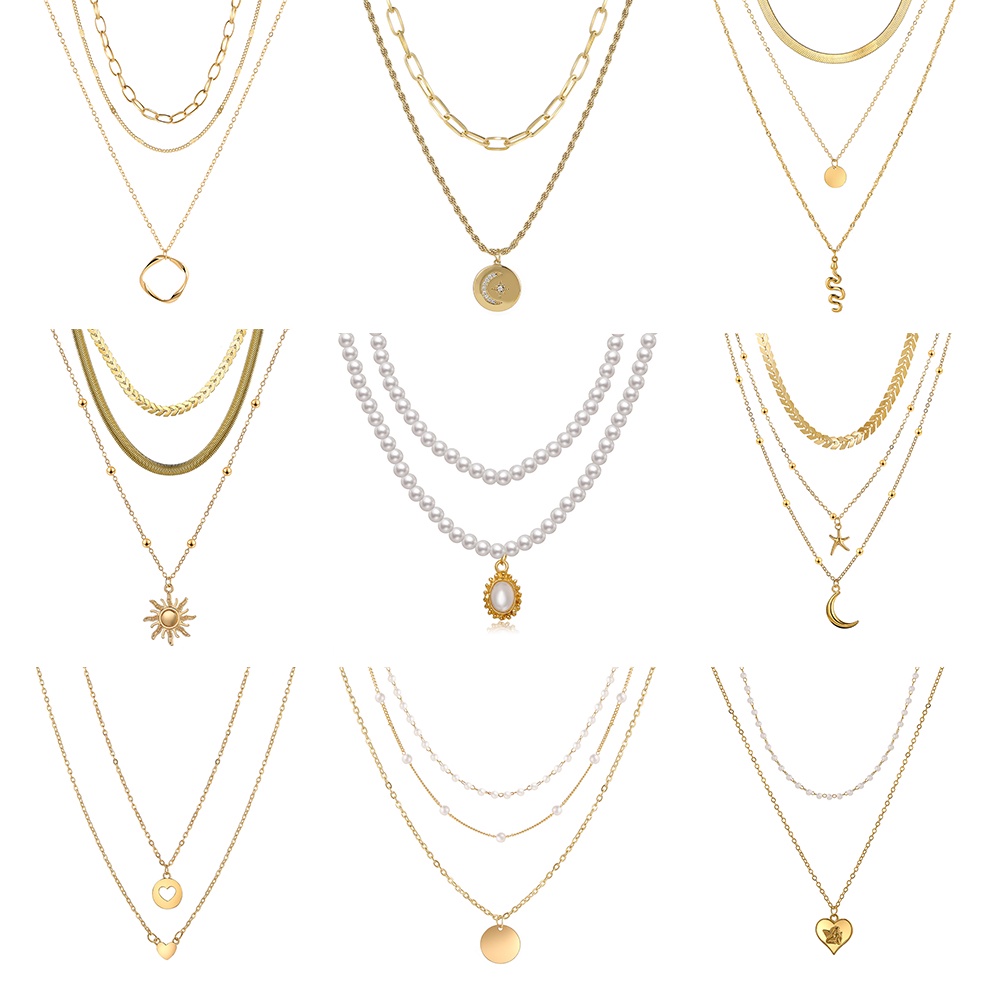 Fashion Snake Butterfly Sun Heart Pendant Necklace Pearl Gold Multilayer Chain Choker for Women Accessories Jewelry