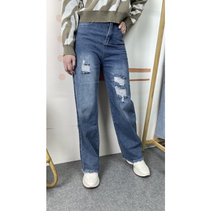 DEMORIN - Celana Jeans Wanita Loose Jeans Unfinished Highwaist Korean Style - X3226 QUINN