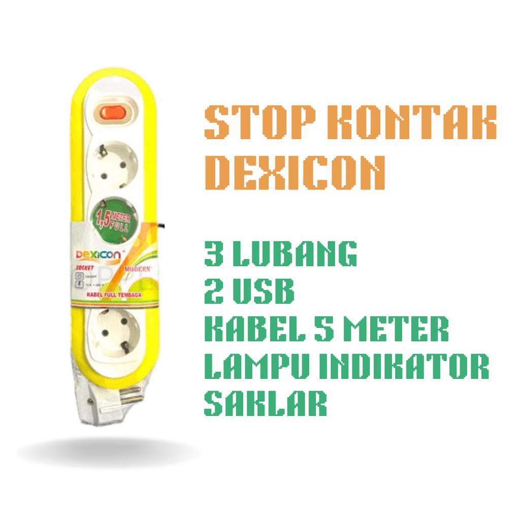 STOP KONTAK DEXICON 3 LUBANG 2 PORT USB KABEL 3 METER SAKLAR INDIKATOR COLOKAN LISTRIK