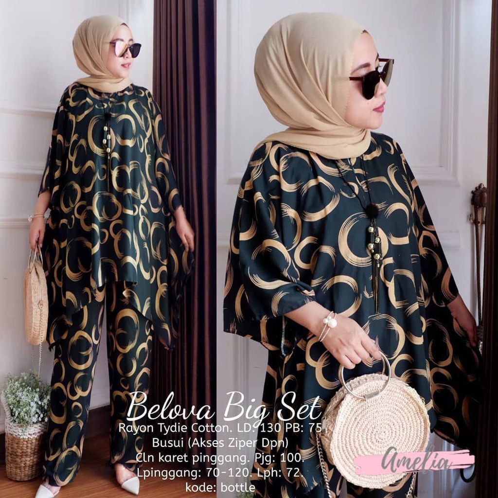Belova Big Set - One Set Jumbo Rayon Batik Premium Waka Waka Setelan Wanita Celana Panjang Set Bigsize LD 140 cm