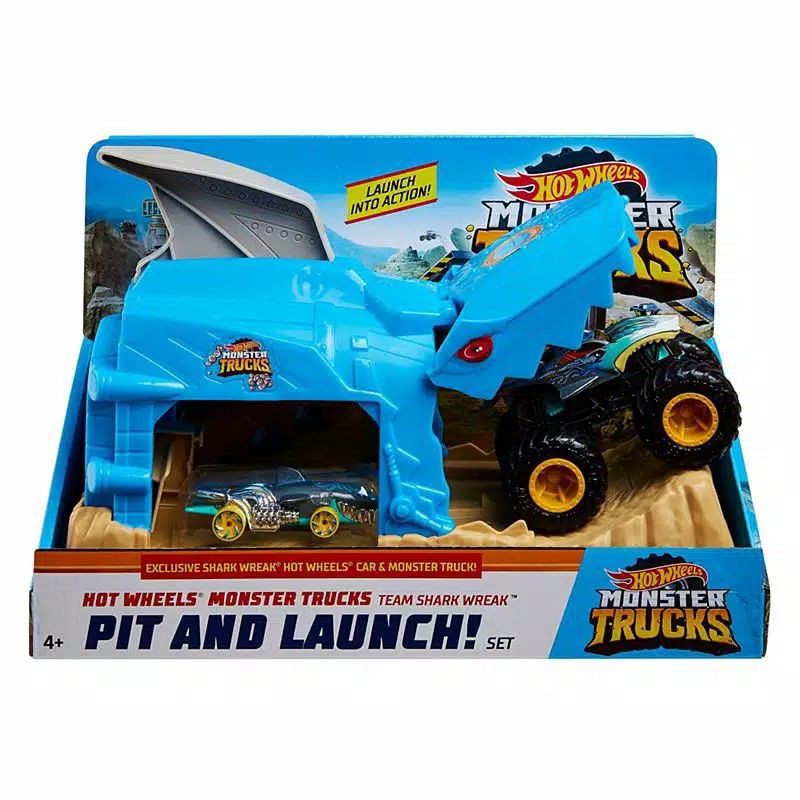 Diecast Hot Wheels Pit And Launch Monster Truck Playset Set Track Builder Shark Wreak Bone Shaker HW