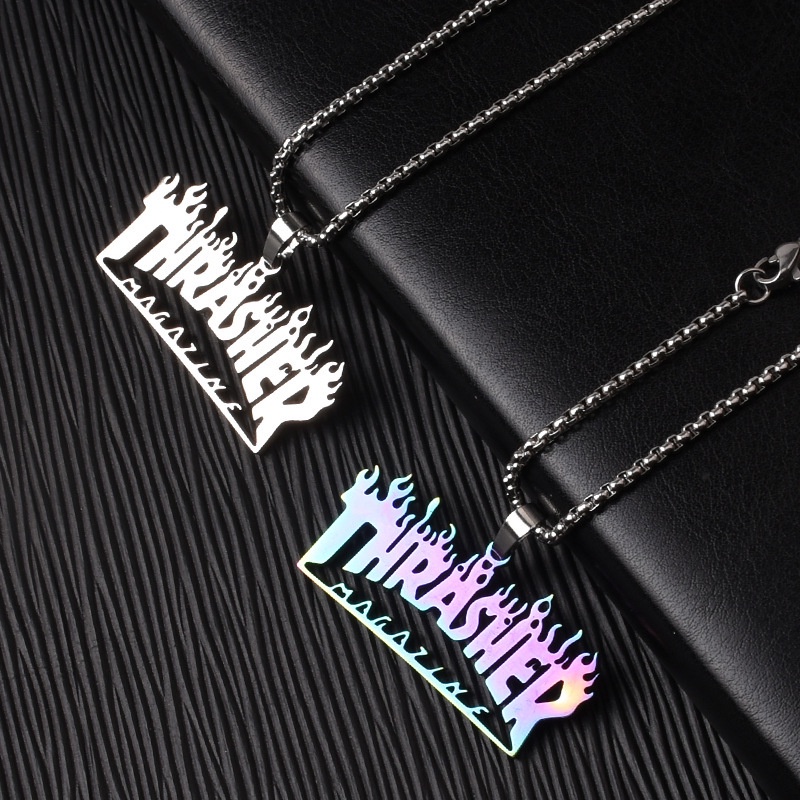 Thrasher Kalung Rantai Titanium Steel Liontin Tulisan Quenching Gaya Hip Hop Punk Untuk Pria