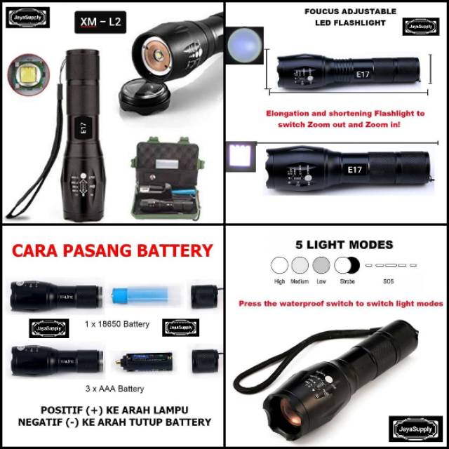 Senter LED E17 Cree XM-L2 Camping Gunung XML2 Super Terang 10.000 Lumens Paket Lengkap Anti Air
