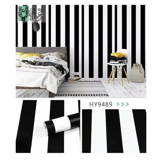 COD BAYAR DITEMPAT - WALLPAPER DINDING  DEKORASI DINDING 45CM X 10 M SALUR HITAM PUTIH