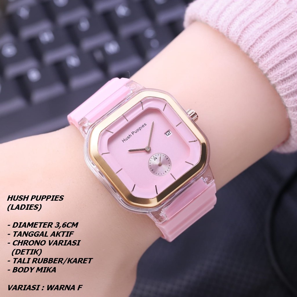 JAM TANGAN WANITA HUSH PUPPIES TALI RUBBER BODY SEGI TANGGALAKTIF CHRONO DETIK AKTIF