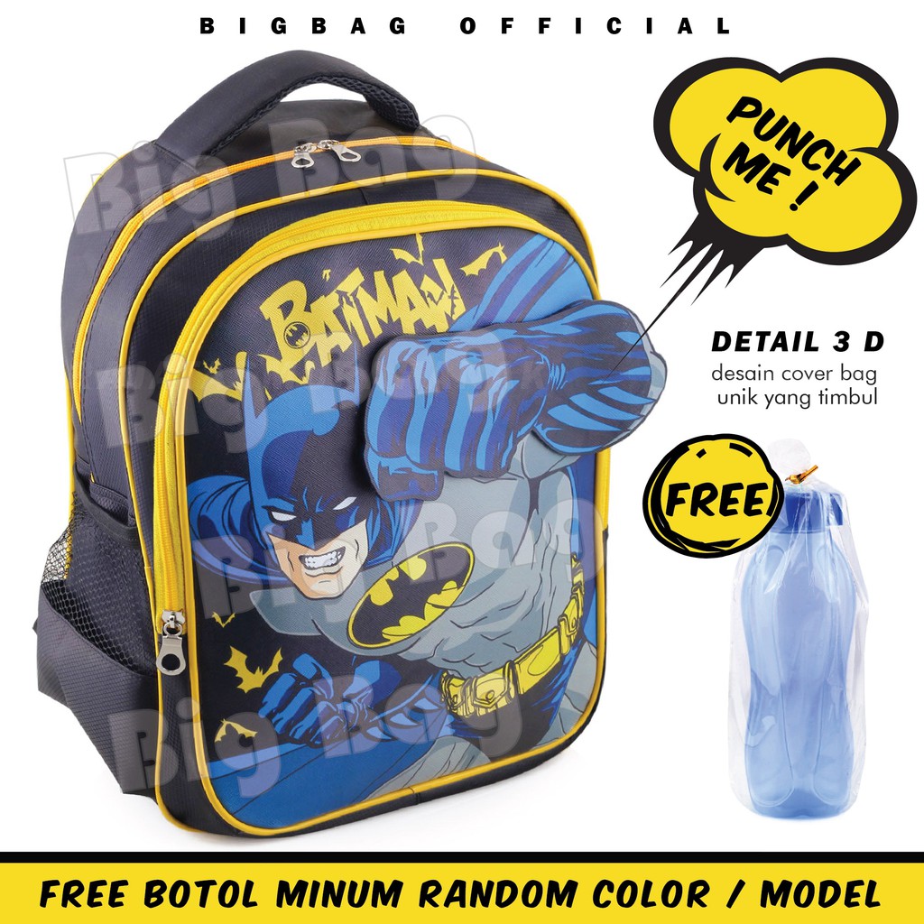 Tas Ransel Anak Laki Laki Karakter - BATMAN - PUNCH BLACK YELLOW - COOL BACKPACK + FREE BOTOL