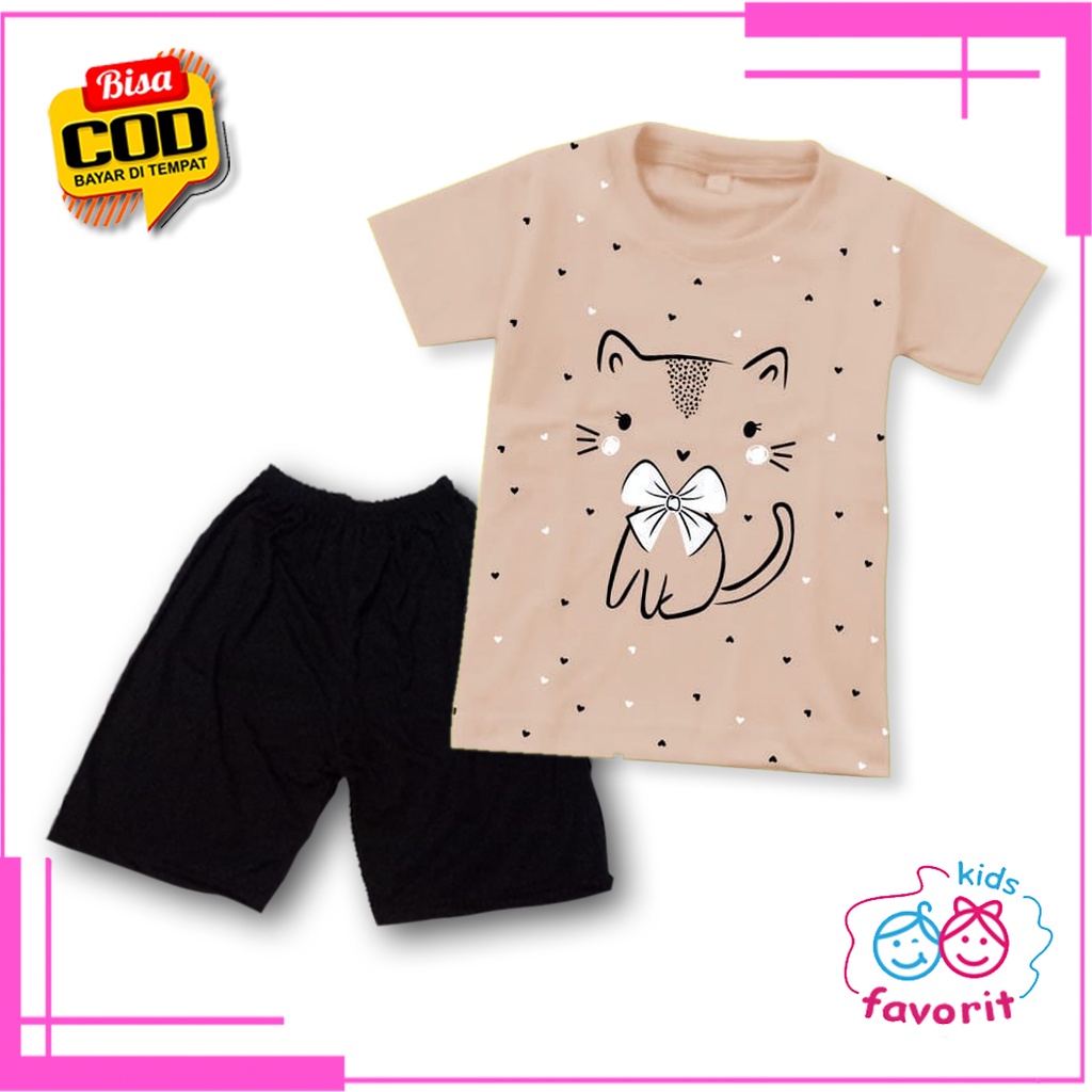 Favorit kids Baju setelan bayi &amp; anak perempuan lengan pendek kucing pita untuk 12 bulan - 10 tahun