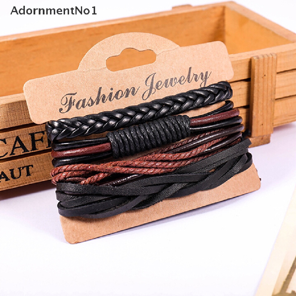 (AdornmentNo1) 4pcs / Set Gelang Tangan Tali Kulit Multilayer Motif Kepang Handmade Untuk Pria