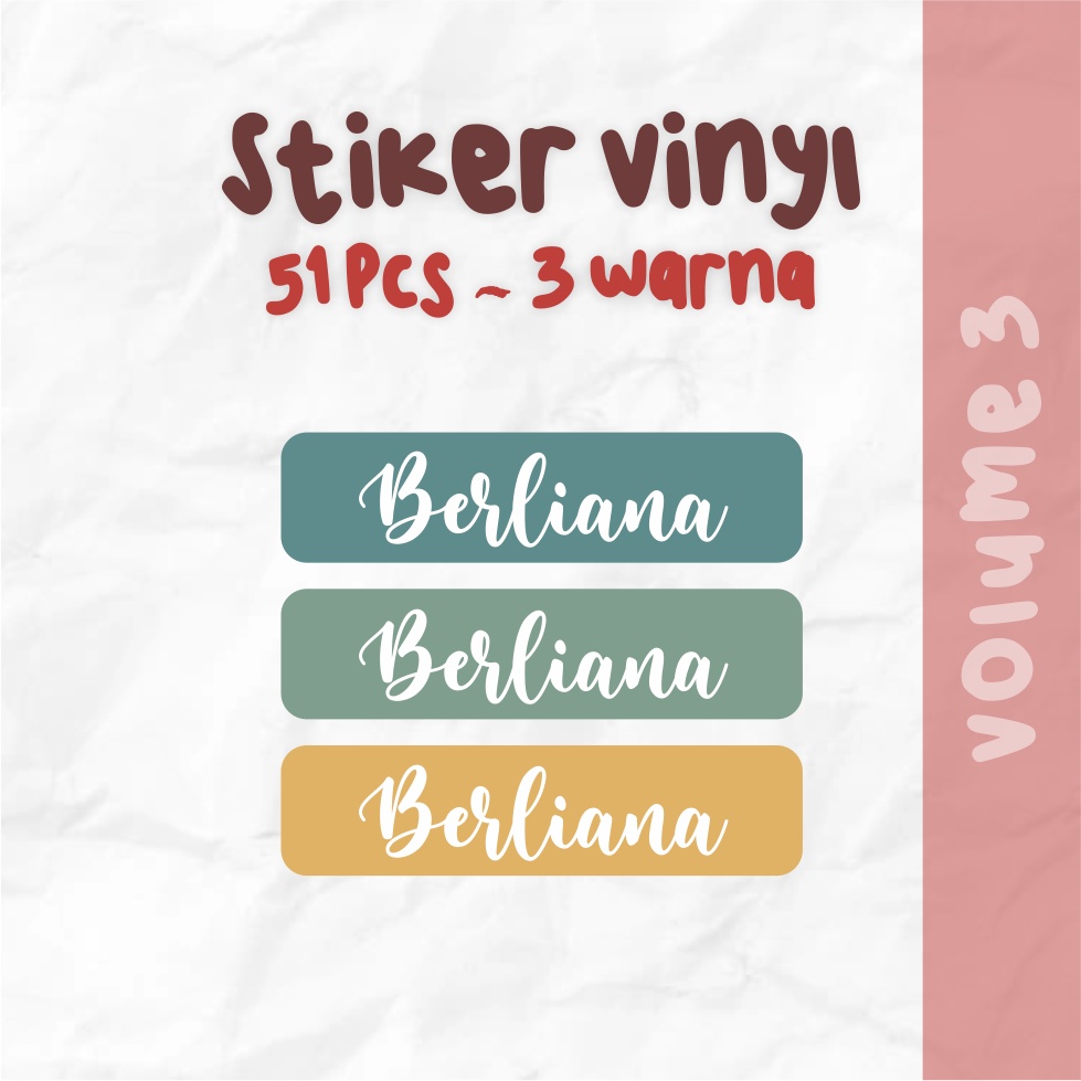 

Stiker Label Nama // Stiker Buku // Waterproof // Murah cutting kotak Isi up to 51 pcs/set // 3 warna // vol.3 // Waterproof // BLUESTIKER VINYL