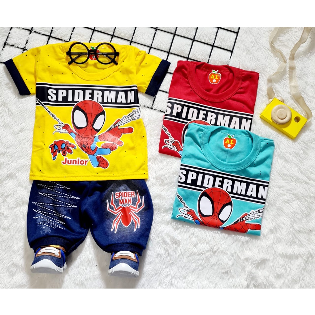 SETELAN BAJU BAYI LAKI LAKI 3 - 18 BULAN  KATUN KUALITAS IMPORT COD SPIDERMAN