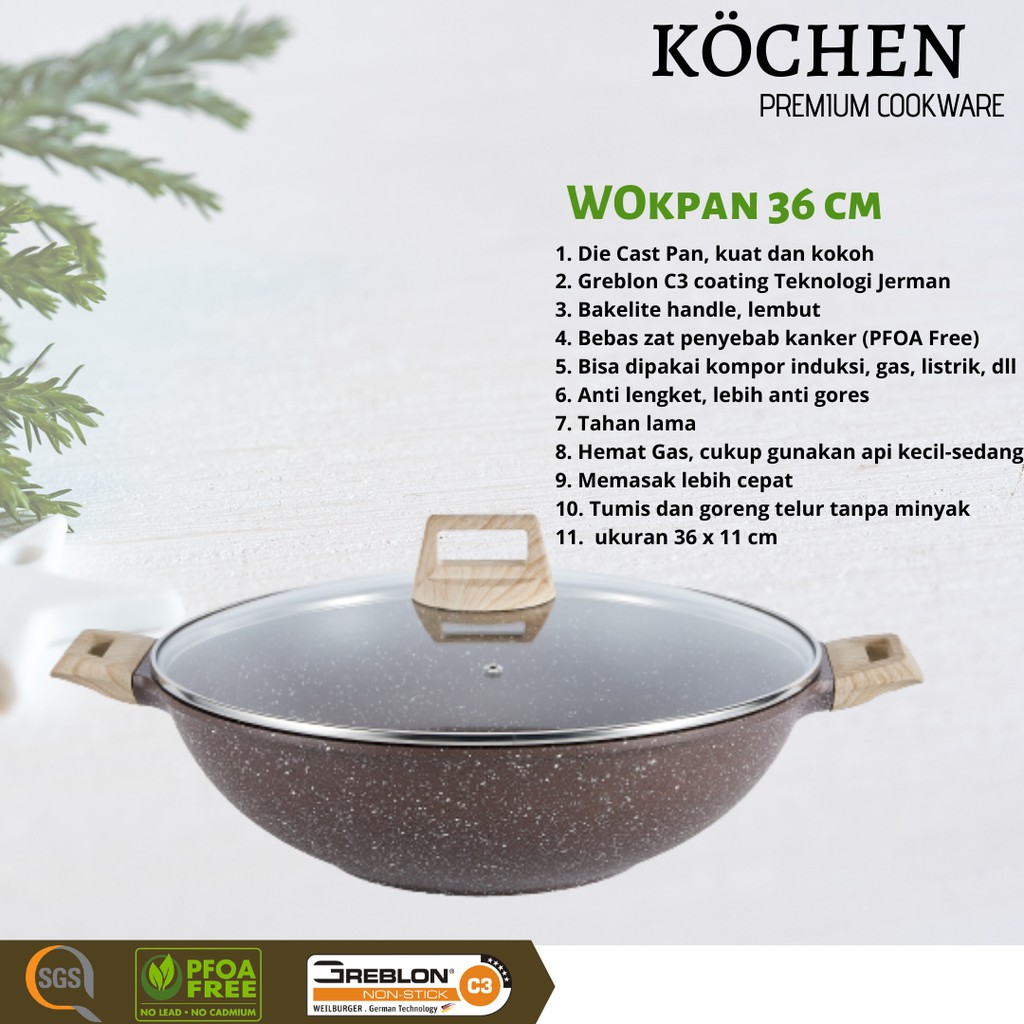 Panci wokpan 36 cm  Kochen granit coklat cm anti lengket greblon coating