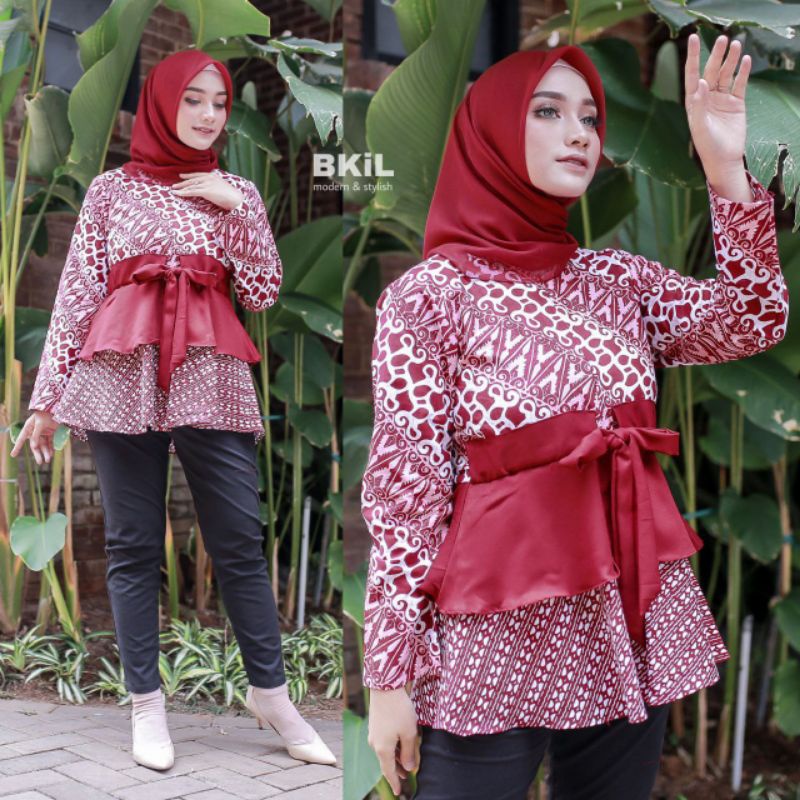 tey-17 Batik wanita ASJ SA HRB026 Kenongo Kemeja Tosca Pendek-Susun merah