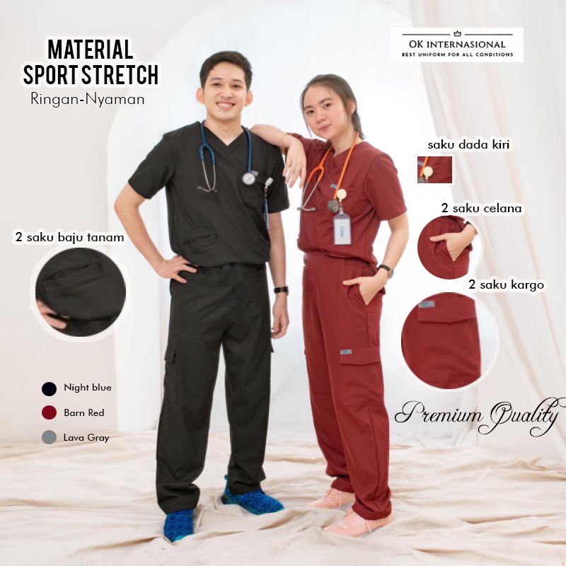 BAJU JAGA Cotton Stretch ok oka Dokter Perawat Tenaga Medis Sport Strecth Original Lengan Pendek Panjang Baju Dokter