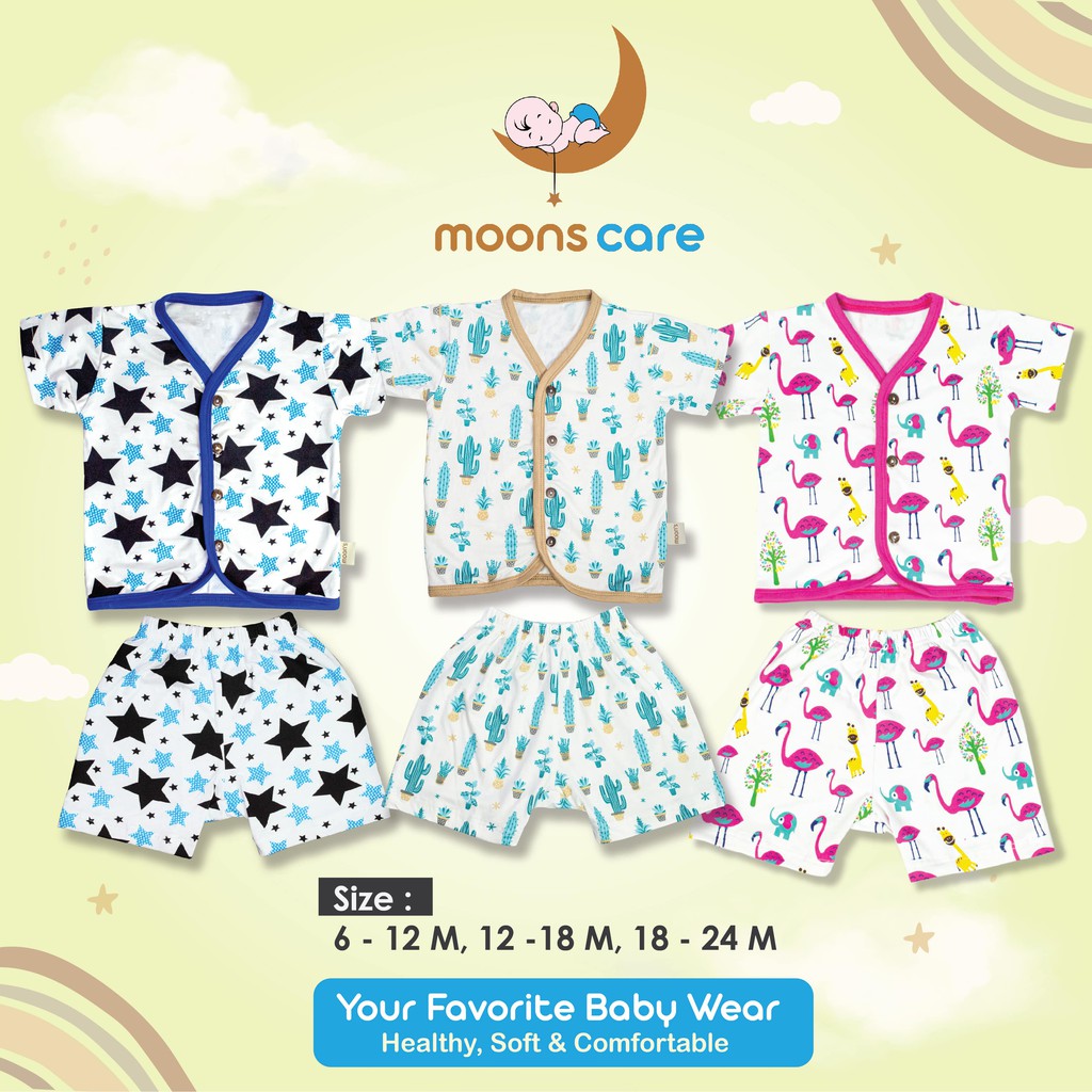 SML Stelan Pendek Kancing MOONS Motif Stelan Bayi Baju baru Lahir Stelan Baby Baju Lucu stelan pende