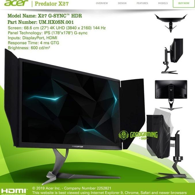 Acer Predator X27 Led Gaming Monitor 27 Inch 144Hz 4K G-Sync Tokolouis_