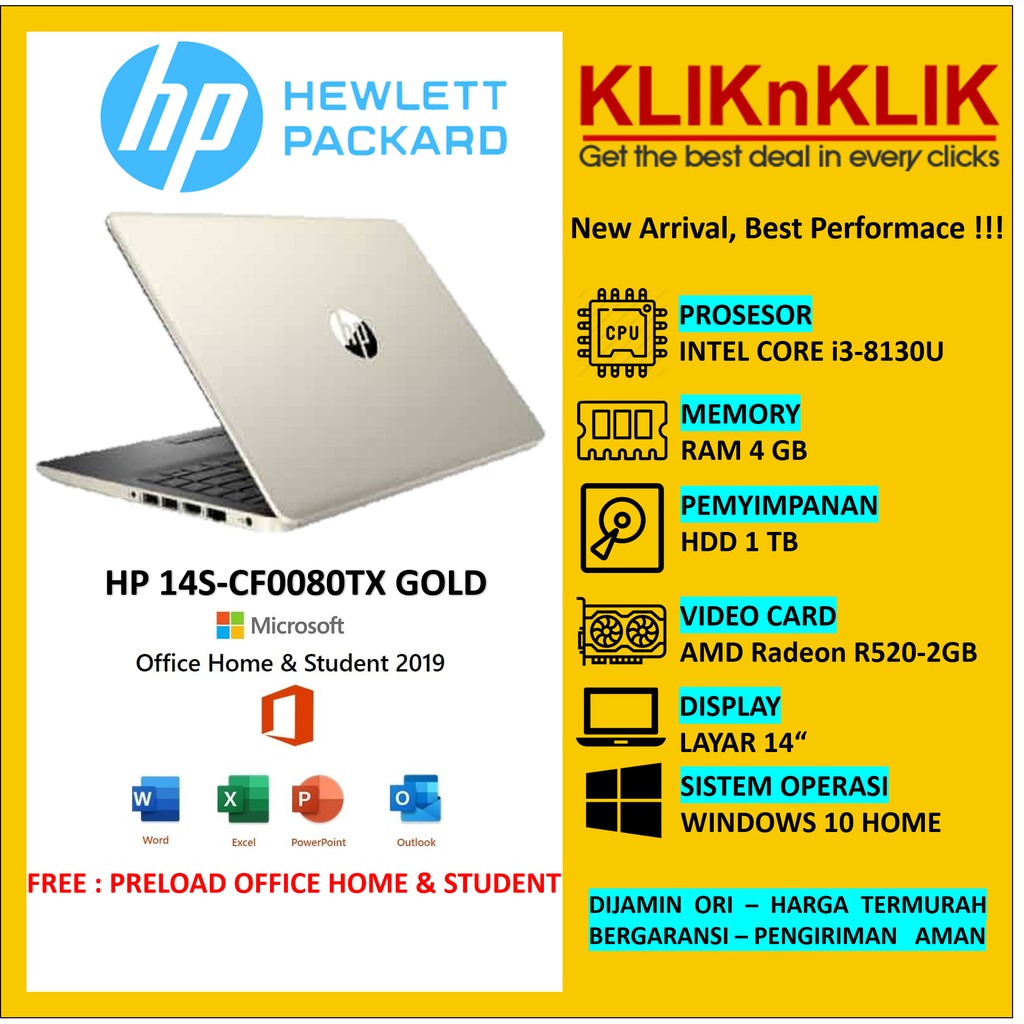 Laptop HP 14S-CF0080TX i3-8130U 4GB 1TB R520-2GB WIN10 FREE OHS GOLD