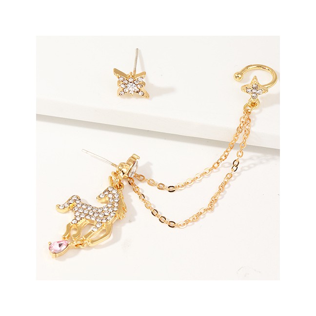 LRC Anting Tusuk Fashion Golden Unicorn Tassel Earrings With Zircon D91963