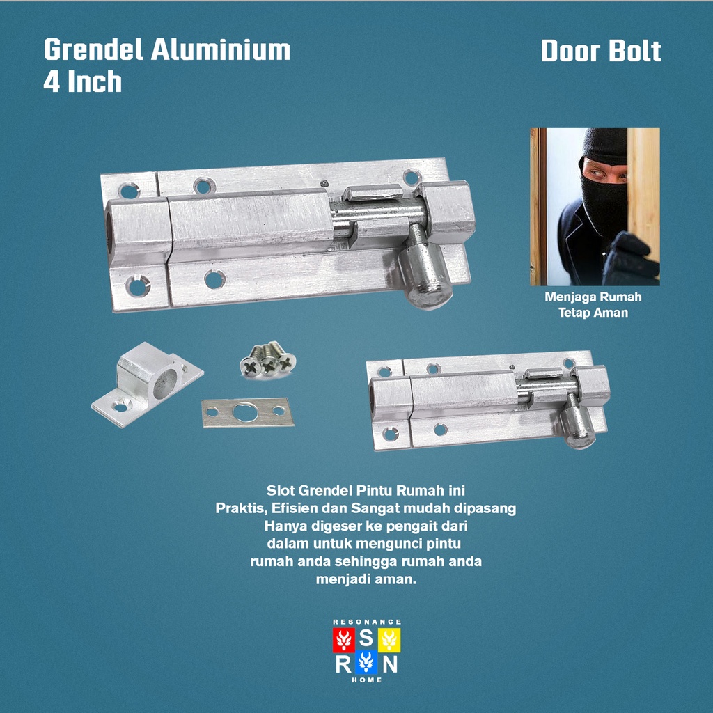 Slot Pintu Jendela Grendel 4 Inch 10 cm Alumunium + Skrup dan Baut Resonance Home