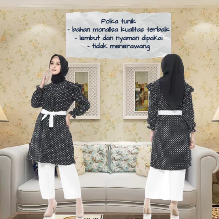 Baju Atasan Wanita Muslim Tunik Polkadot Lengan Panjang