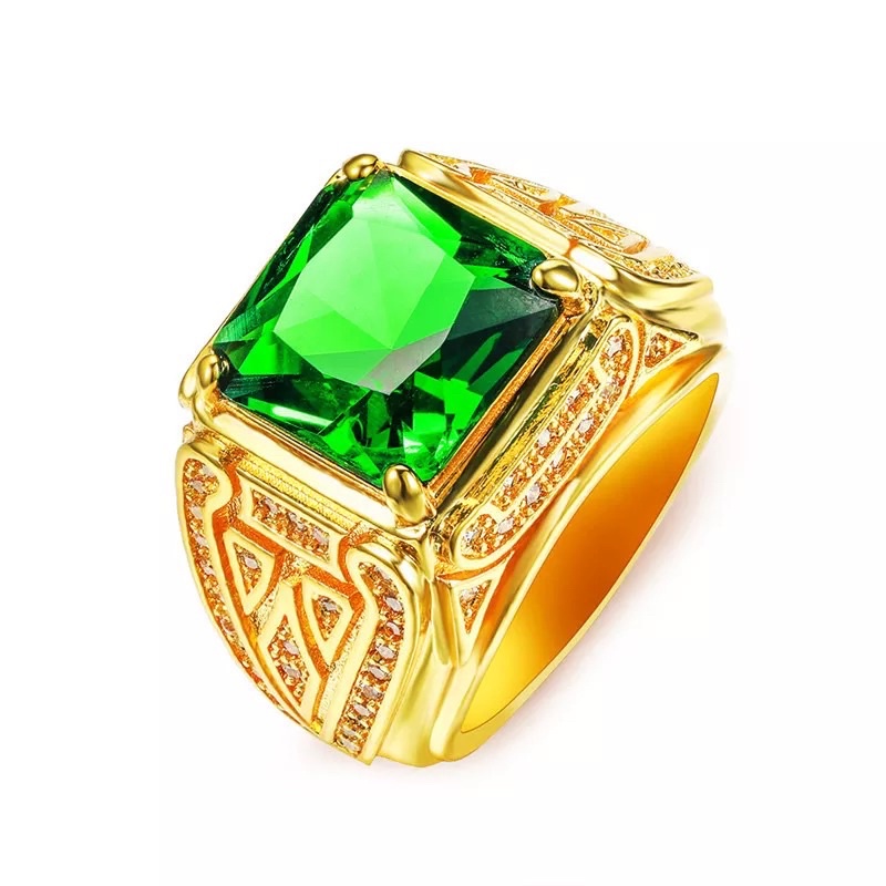 Cincin Batu Permata Zamrud Hijau Emerald Green Cubic Zirconia Mewah Berkelas Ring Gold Platted