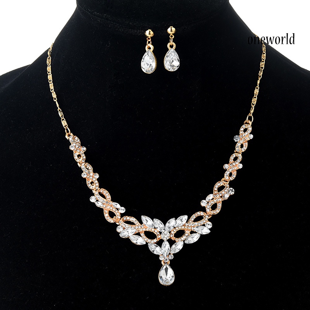 OW@ Fashion Jewelry Set Women Rhinestone Drop Hollow 8 Pendant Earrings Necklace