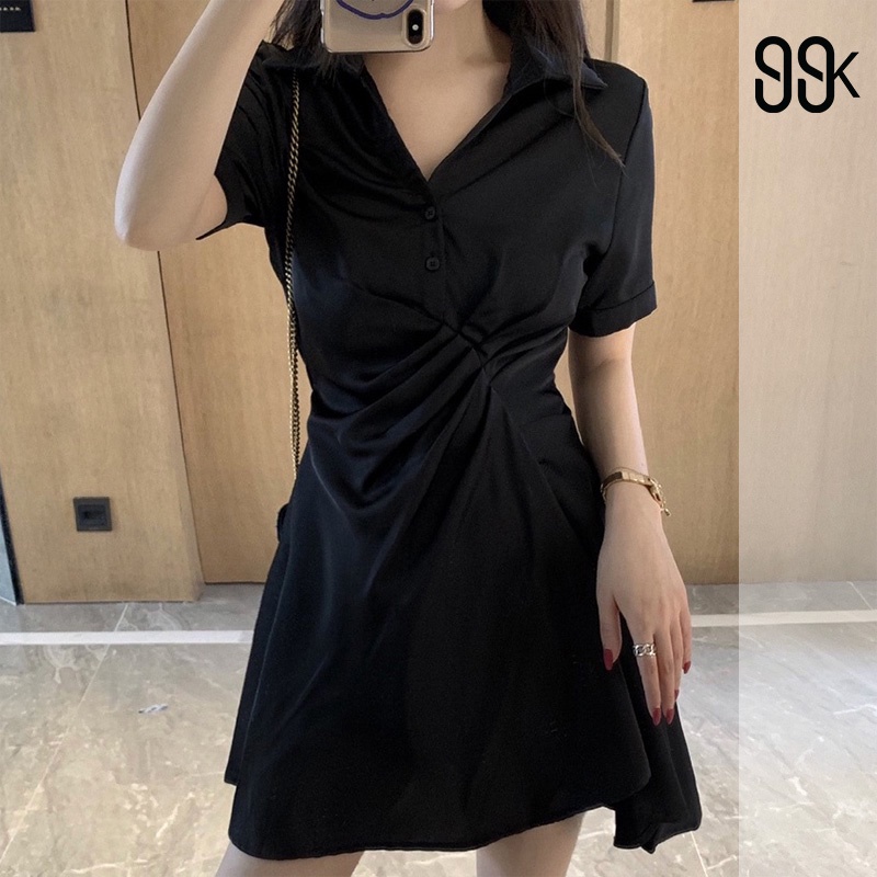 Short Sleeve V-neck Button Mini Dress Kerah Wanita Lengan Pendek 2051 ( S/M/L )