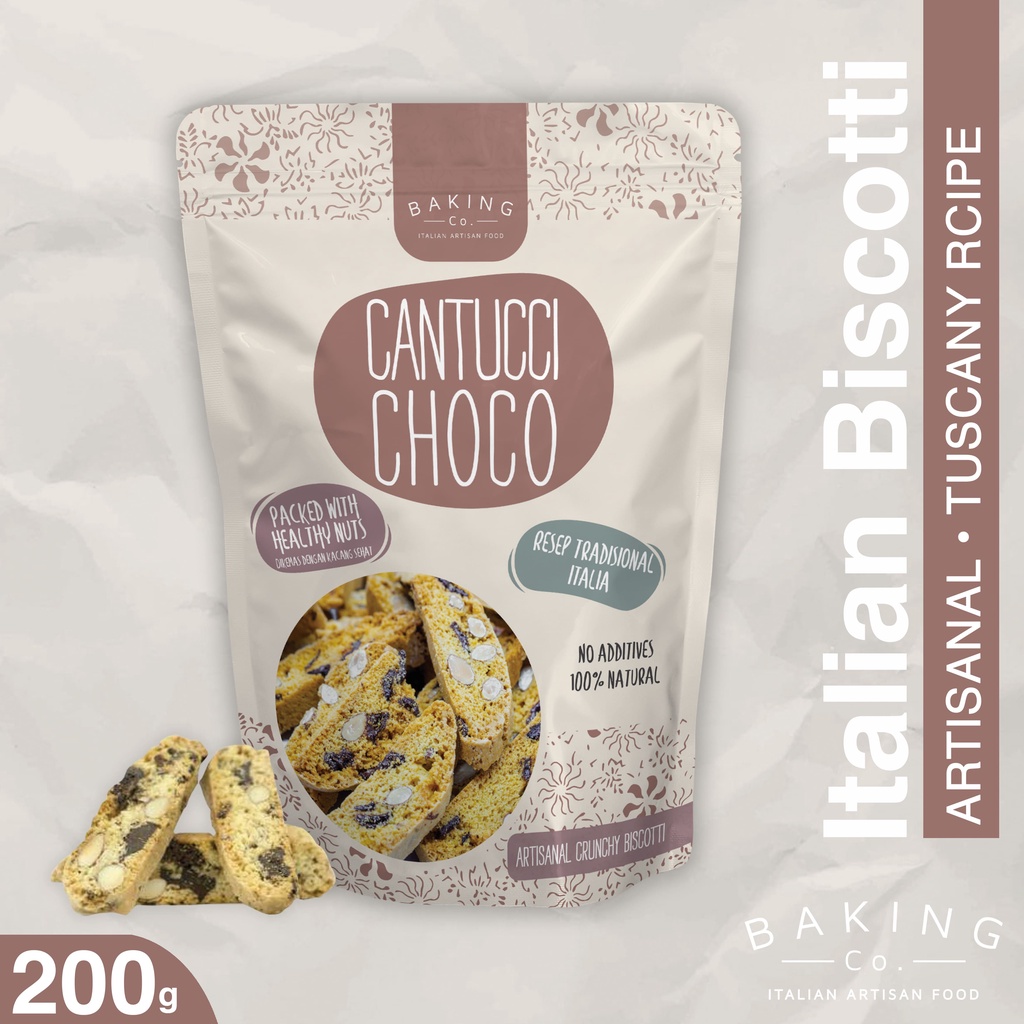 

BakingCo Italian Biscotti Cantucci Choco Almonds & Dark Chocolate - 200 gr - Artisanal, kue kering, cemilan manis, sehat, cookies, biskuit