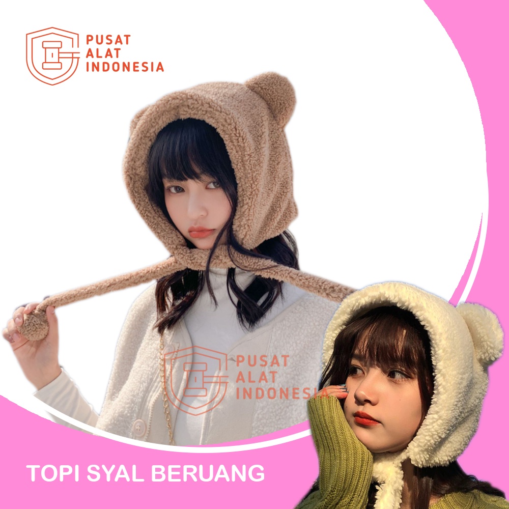 TOPI SYAL BULU KARAKTER BERUANG LUCU AKSESORIS KEPALA WANITA LUCU CUTE BEAR SR87