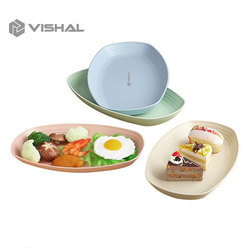 VISHAL Piring Jerami Gandum Set Piring Bentuk Oval Kotak Mix Warna Isi 4 Pcs Lonjong Dinner Plate