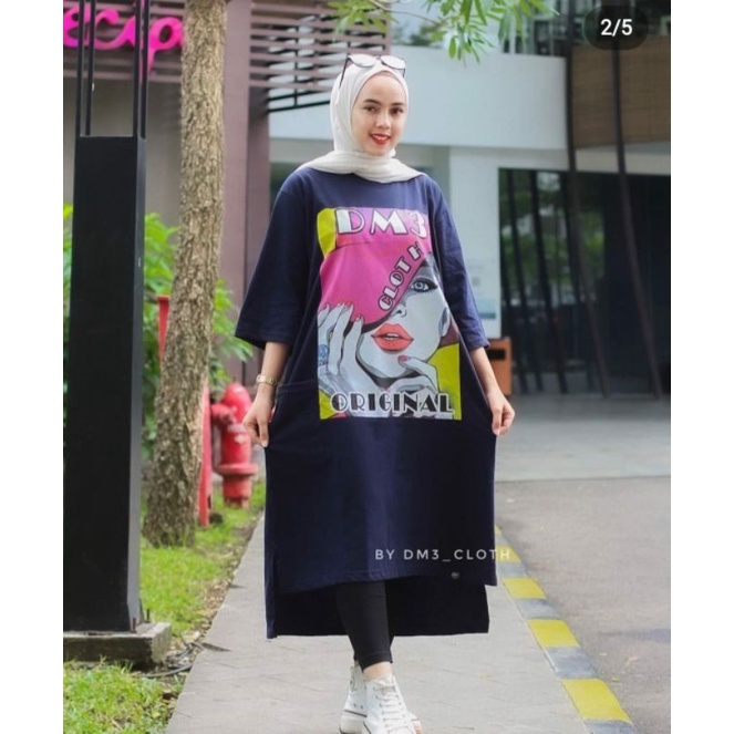 Midi Dress Long Tunik Original DM3 Cloth Bahan Cotton Combed 20s Tebal Terbaru 2022 Terlaris Girl Mo
