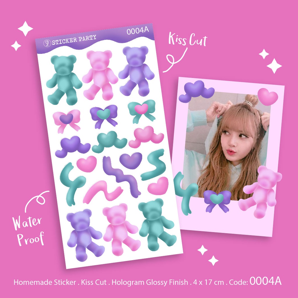 

Stiker Teddy Bear Doll Pink Ribbon Gliter Tahan Air by Sticker Party 0004