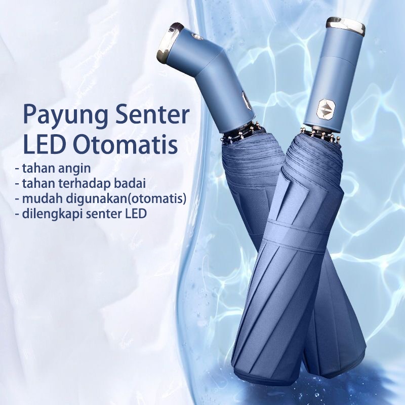 Payung Lipat LED Otomatis Buka Tutup Warna Polos Anti UV / Flashlight Umbrella Kualitas Import Super Murah