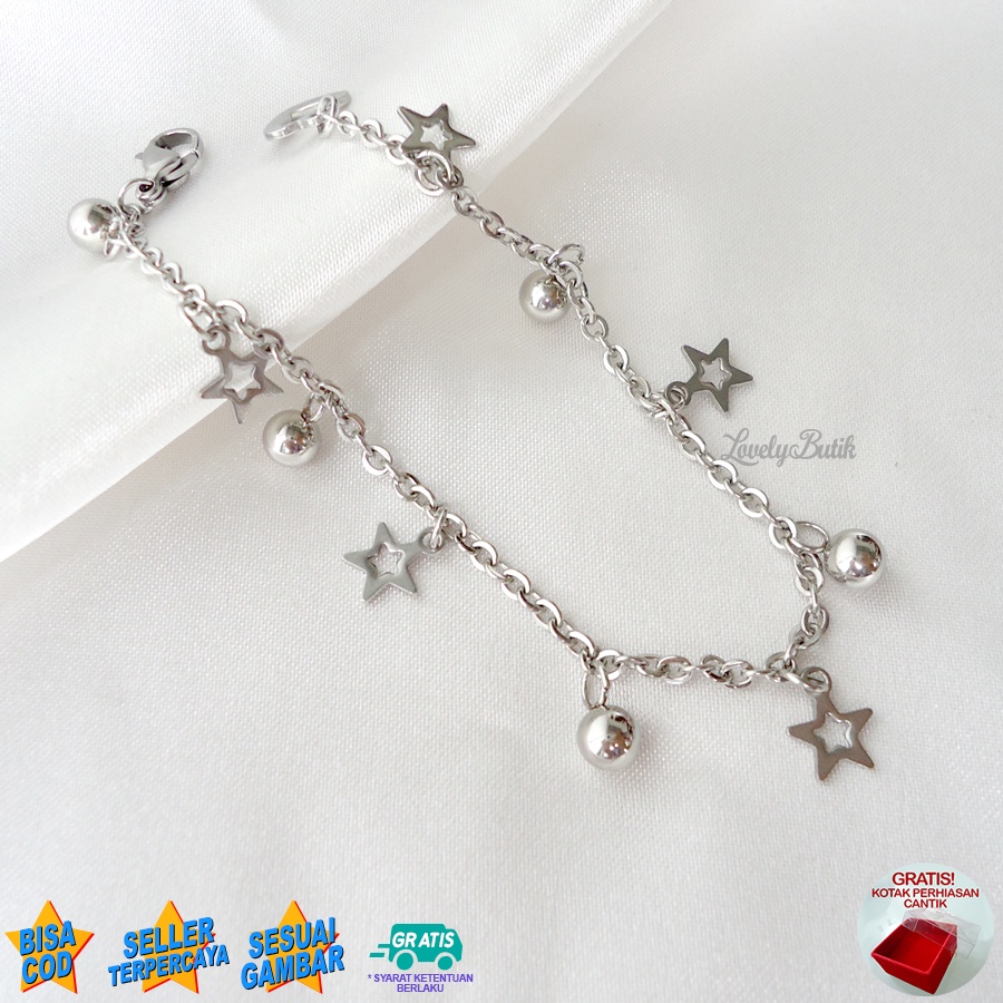 Lovelybutik - Gelang Tangan Titanium Asli Anti Karat dan Luntur Mars Gelang Korea Wanita Model Rantai Nori Gandulan Bintang Kekinian BONUS KOTAK PERHIASAN