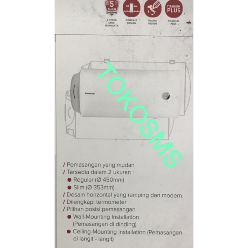 Water heater ariston dove plus slim 30h model horisontal