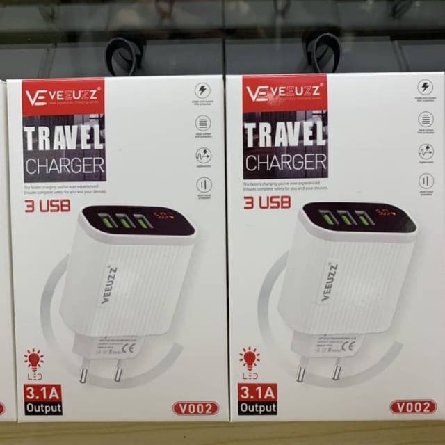 CHARGER TRAVEL VEEUZz 3.1A 3 USB PORT ORIGINAL with Lcd/BATOK CHARGER