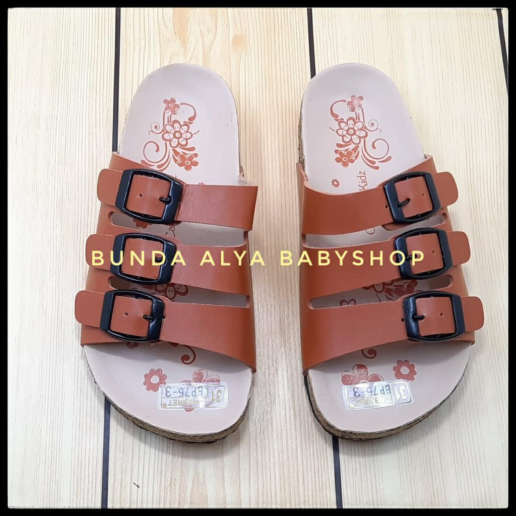 Sendal Anak Perempuan Usia 5 6 7 Tahun PREMIUM COKLAT - Sandal Anak Cewek Casual Bunga Alas Karet Anti Licin