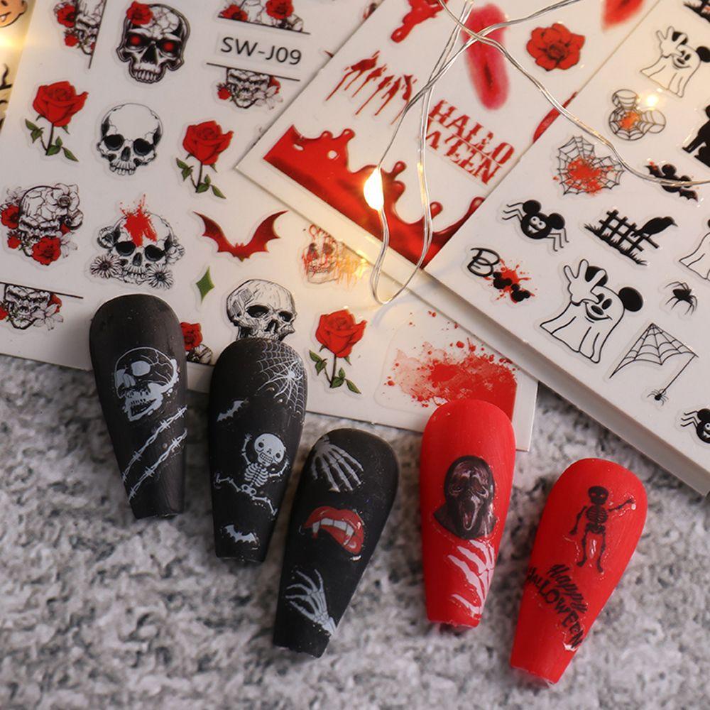 AUGUSTINA Agustina Halloween Stiker Kuku Hantu Kartun DIY Perekat Diri Aksesoris Manicure Skeleton Nail Tips Decal