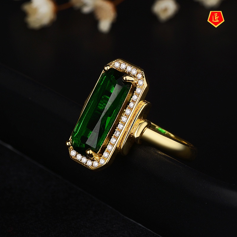 [Ready Stock]Elegant Personality 18K Gold Emerald Ring