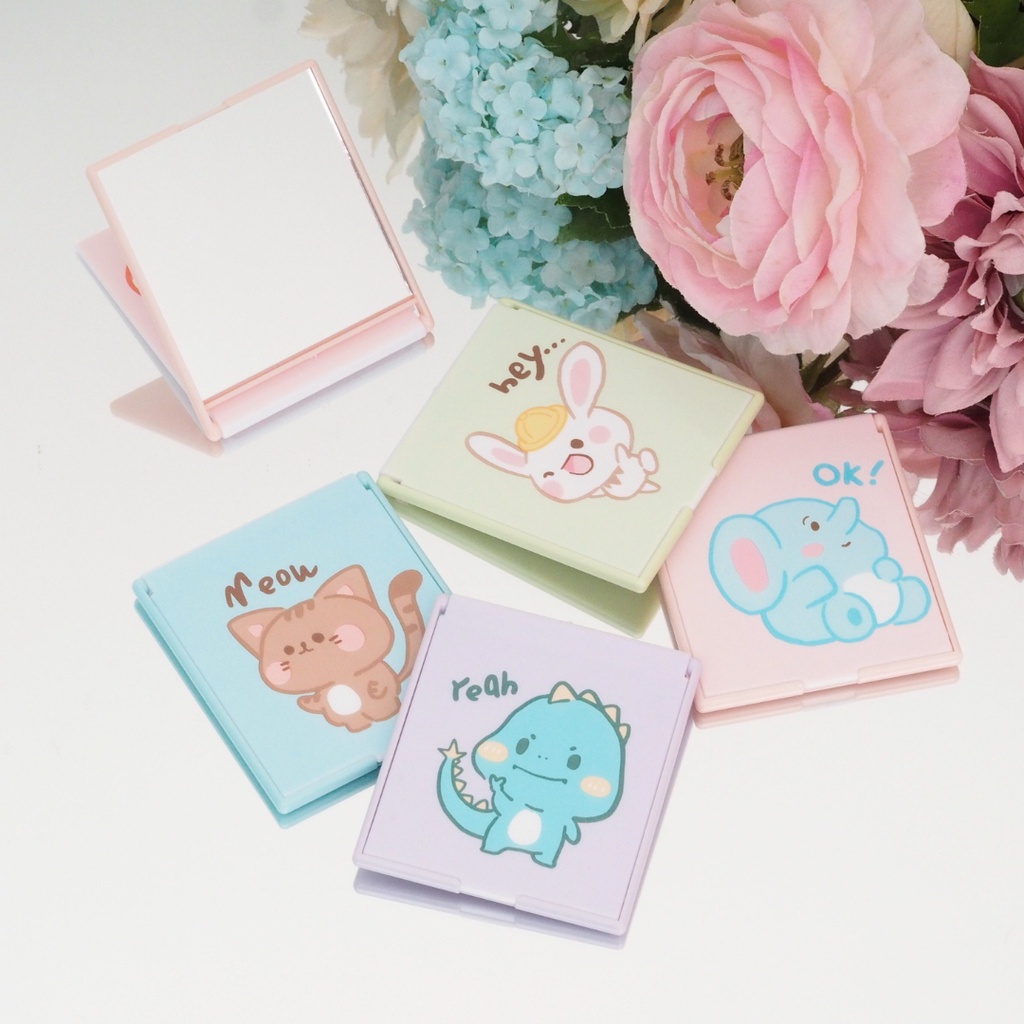 Cermin Lipat Kotak Saku Portable Mini Motif Animal Lucu Kaca Lipat Make Up Travel Aesthetic Persegi