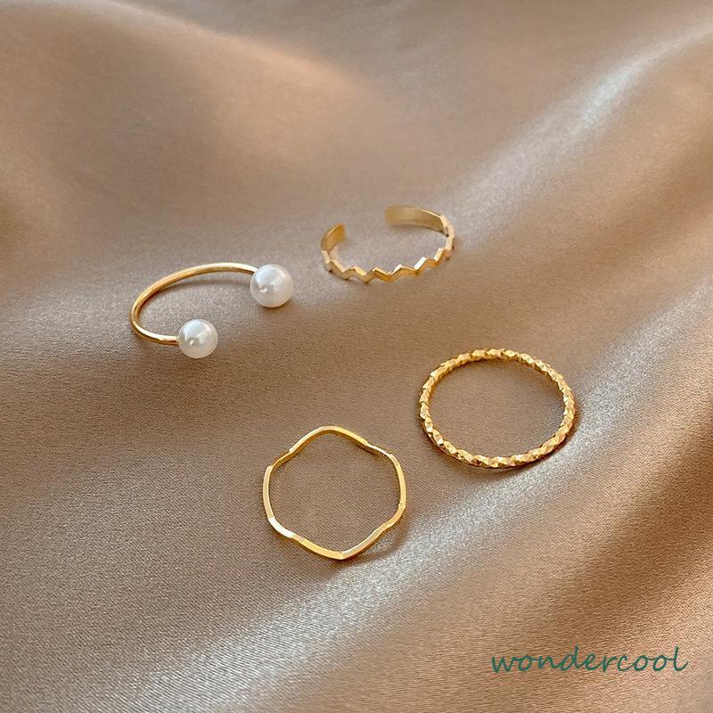 4 Pcs/set Korea Cincin Emas Untuk Wanita Sederhana Mutiara Elegan Cincin Set Dapat Disesuaikan Terbuka Perhiasan Hadiah-Won