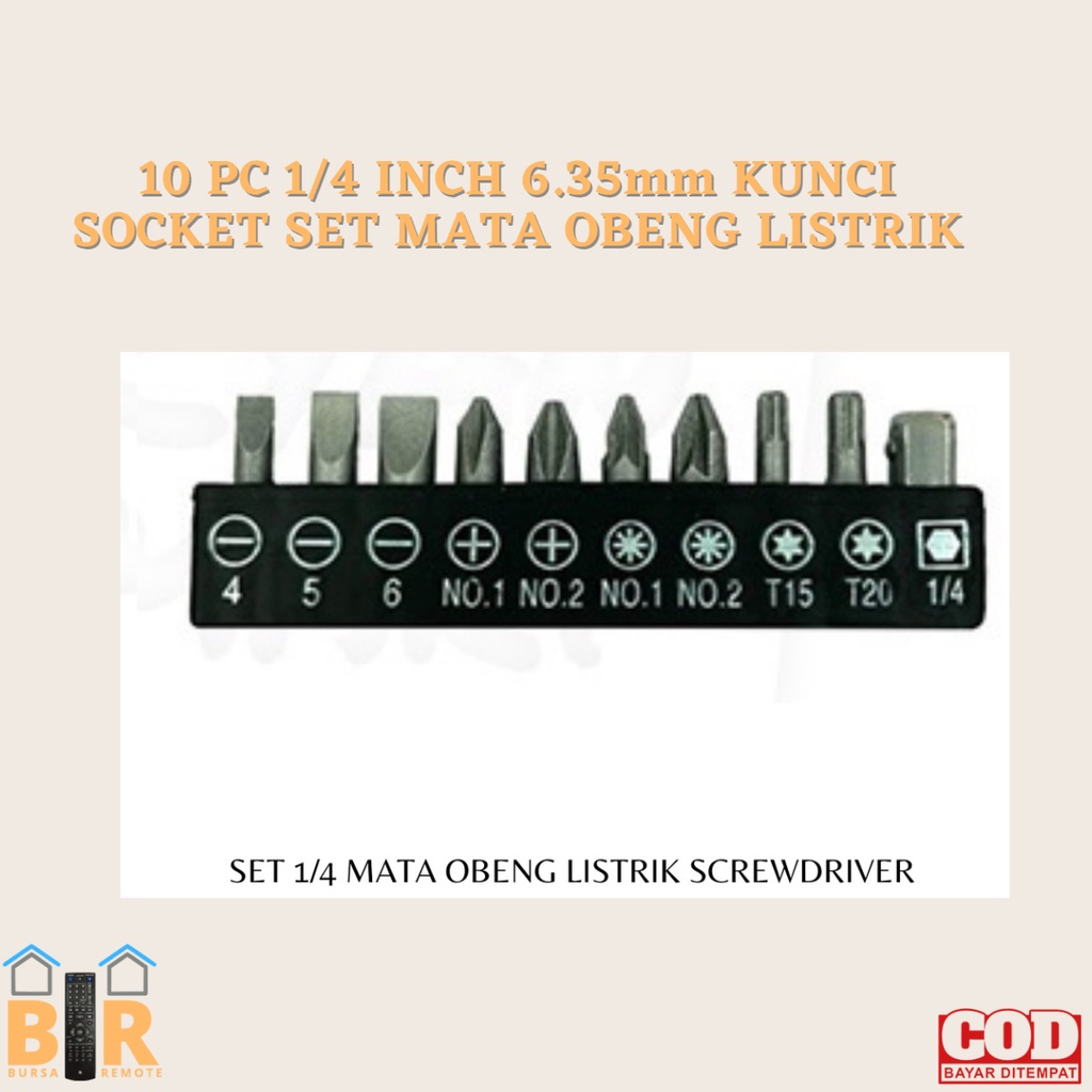 10 PC 1/4 INCH 6.35mm KUNCI SOCKET SET MATA OBENG LISTRIK