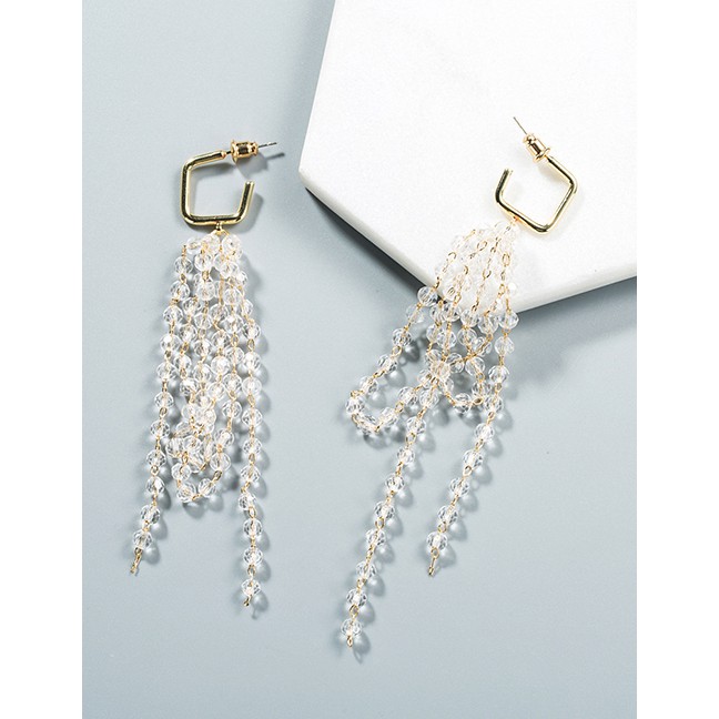 LRC Anting Tusuk Fashion Gold Metal Geometric Crystal Tassel Earrings F89464