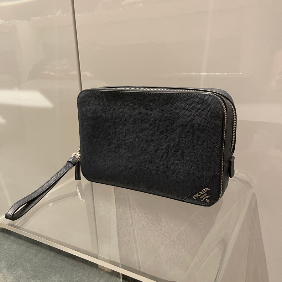 Prada Saffiano Travel Baltico Blue Corner Logo Clutch Bag Tas Pria