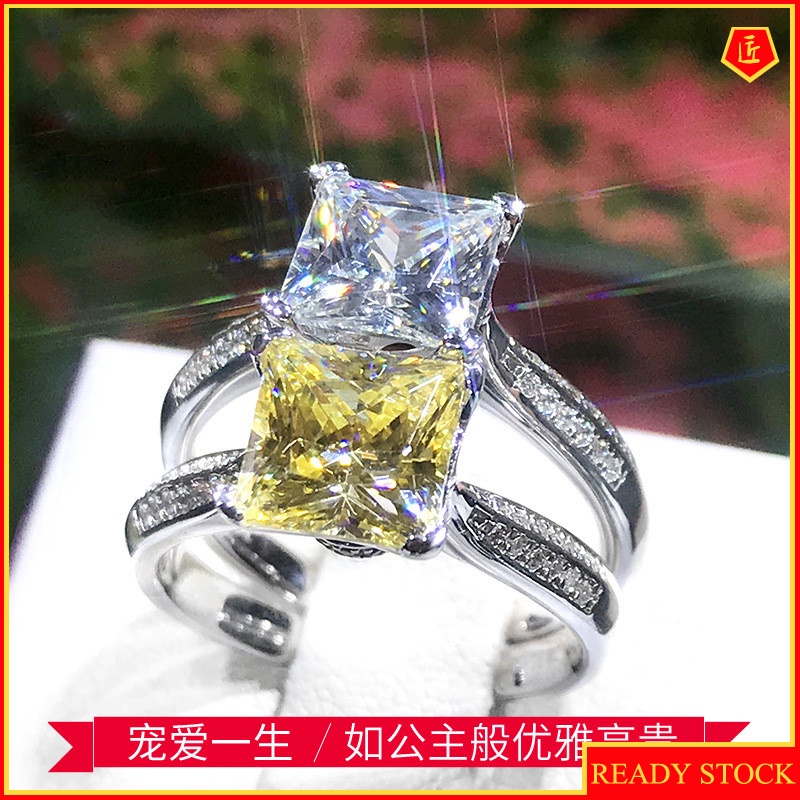 [Ready Stock]Moissanite Square Diamond Ring Pt950 Yellow Diamond Luxury