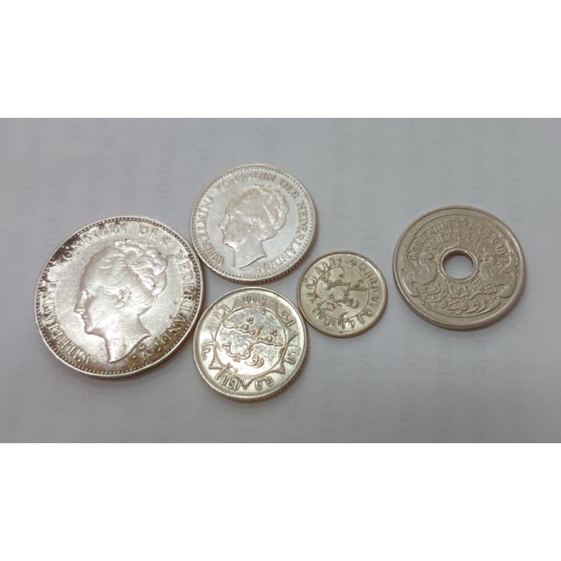 Set koin perak gulden (5 keping) 1G, 1/2G, 1/4G, 1/10G dan 5 cent jaman hindia belanda ratu wilhelmi