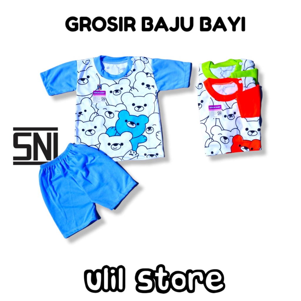 Setelan Baju Pendek SNI Seruni Baby Baju Bayi Kancing Pundak Usia 3-15 Bulan Motif Doodle Bear