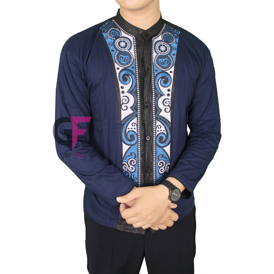 GIOFLO Baju Koko Kemeja Muslimin Pria Lengan Panjang Navy Blue / KKL 57