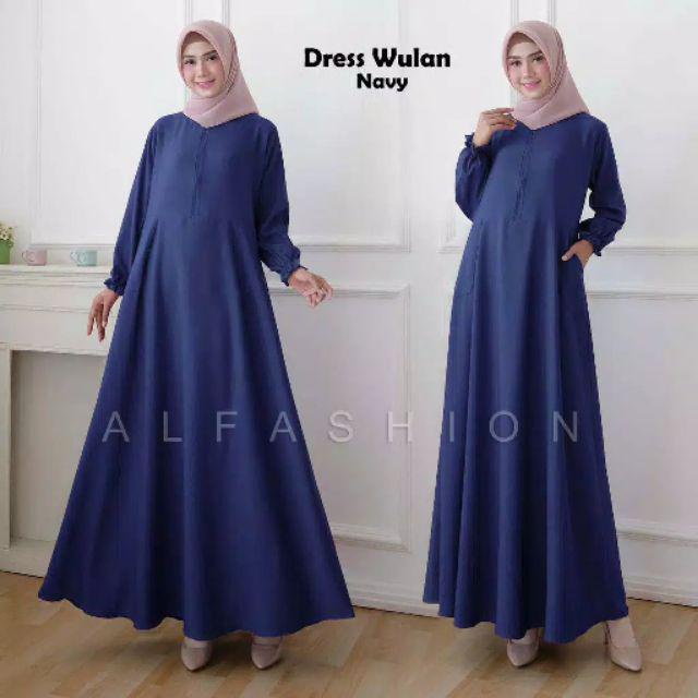 Baju Gamis Dress Wanita Muslim Kondangan Busui Polos WULAN JUMBO Busui Warna Biru Navy