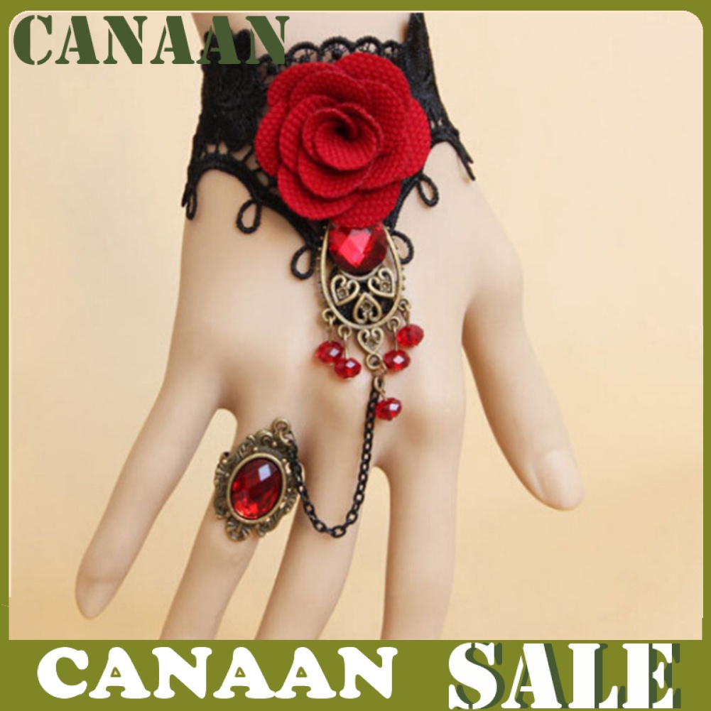 Canaan Gelang Tangan Lace Motif Bunga Mawar + Cincin Adjustable Gaya Gothic Elegan Untuk Wanita