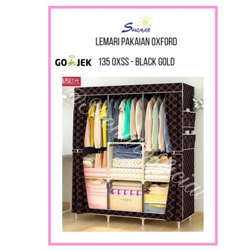 SHENAR COD Lemari pakaian JUMBO (L:135CM) 3kg - 135 OXSS (Black&amp;Gold) merk SHENAR LEMARI MOTIF JUMBO MURAH|lemari bongkar pasang|lemari baju portable|Lemari pakaian ukuran jumbo